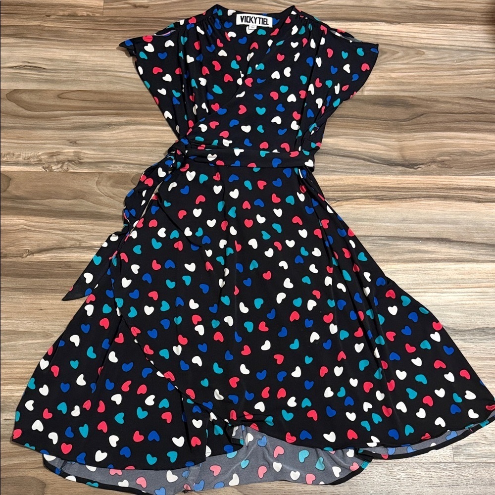 Vicky Tiel Vintage Colorful Heart Split Flutter Sleeve Wrap Midi Dress Sz S